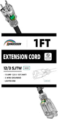 Extension Cord with Lighted End, UL Certified, 12 Gauge 1FT Black 3 Prong Heavy by HONDERSON