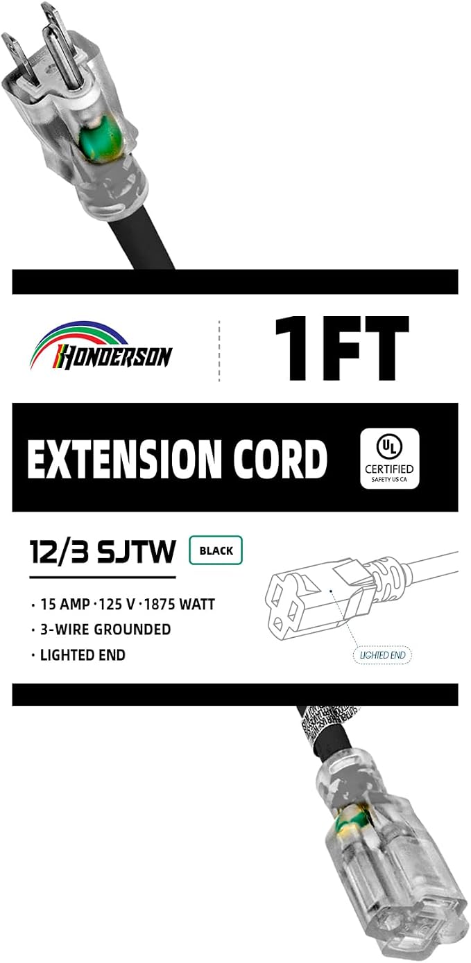 Extension Cord with Lighted End, UL Certified, 12 Gauge 1FT Black 3 Prong Heavy by HONDERSON