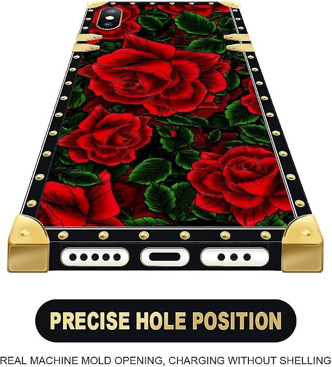 Compatible with iPhone Xs Max Case, Vector Red Rose Green Leaf Luxury Golden - Image 5