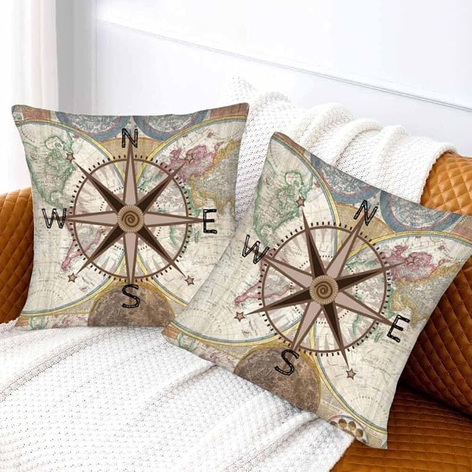 Nautical Compass Throw Pillow Covers 18x18 Historical World Map Earth - Image 2