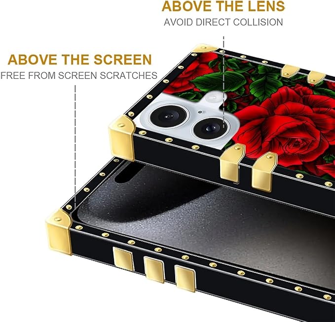 Compatible with iPhone 16 Plus Case, Vector Red Rose Green Leaf Luxury Golden - Image 6