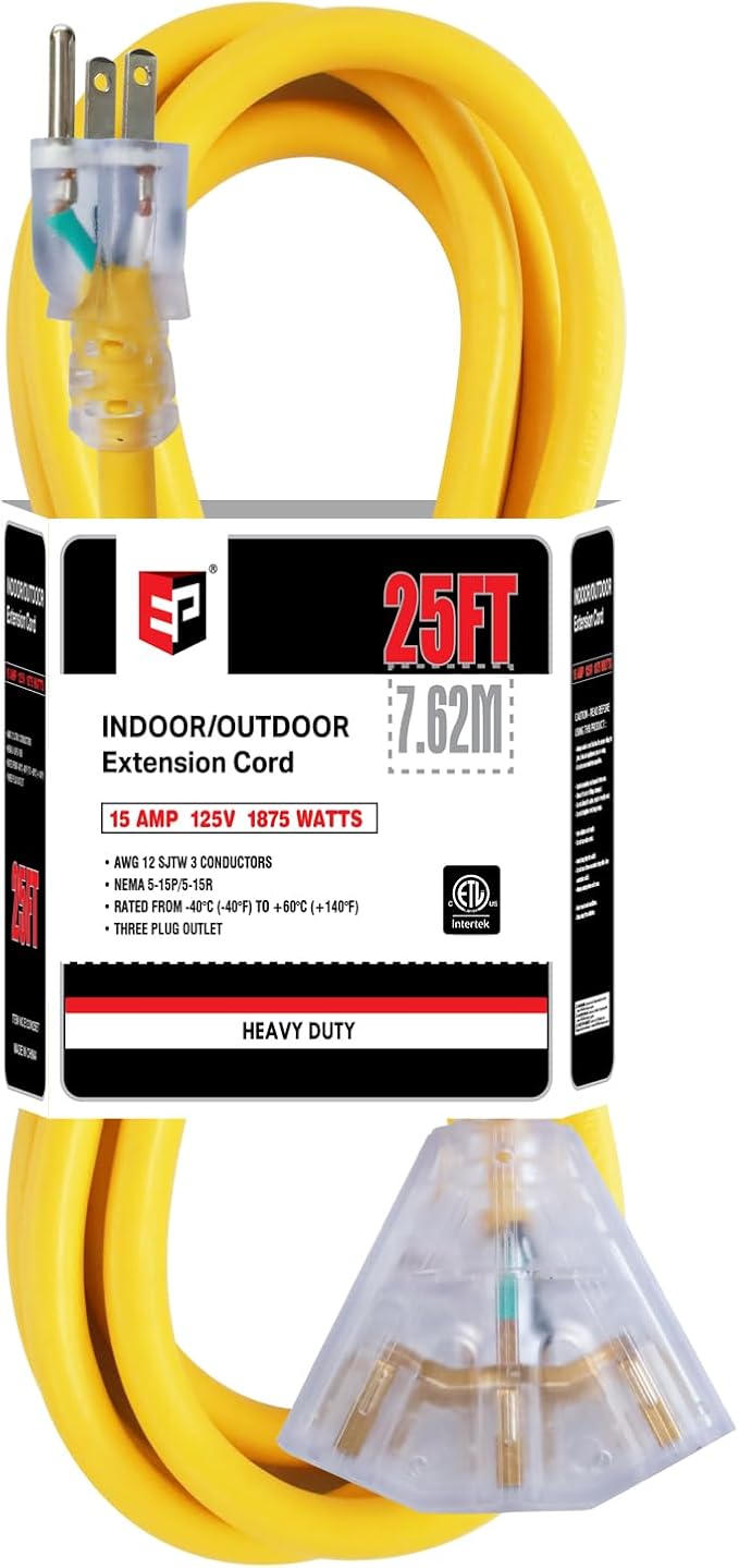 EP 25 Ft 12 Gauge Heavy Duty Extension Cord, 15A 125V 1875W, 3 Outlet by ENERGYPRO