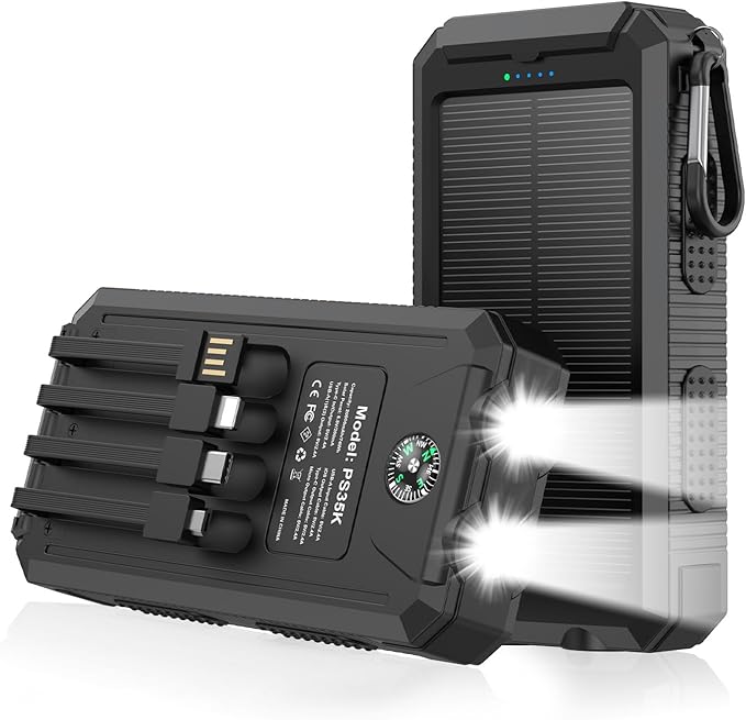 Solar Charger 20, Portable Power Bank, 4 Cables Outdoor Waterproof External by Kepswin