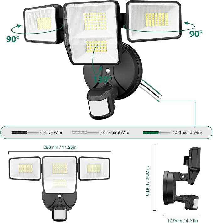 70W 7000LM Security Lights Outdoor, 4-Head LED Motion Sensor Light, Hardwired - Image 3