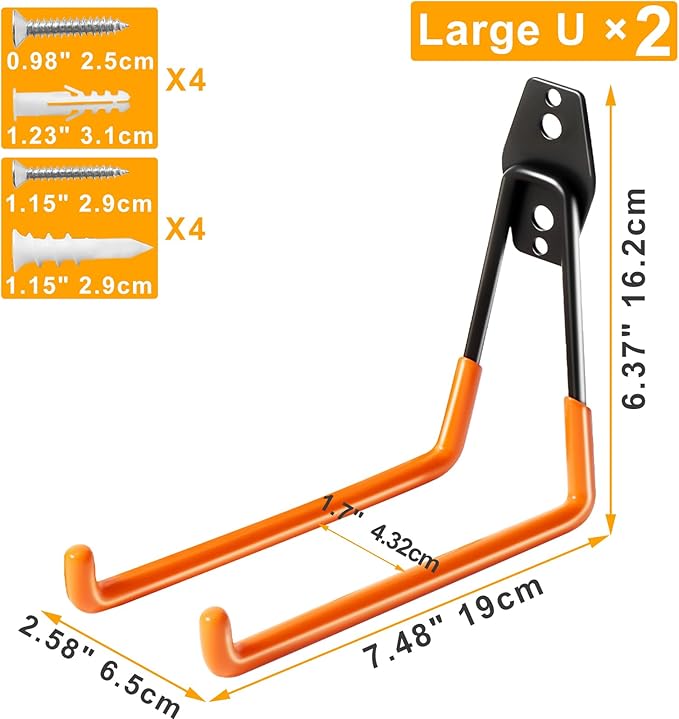 KURUI Heavy Duty Garage Hooks for Hanging, 2 Pack Metal Garage Organization - Image 2