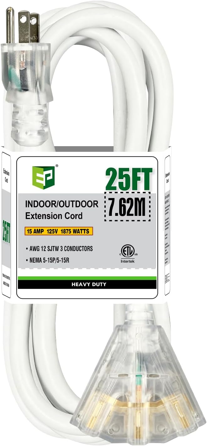 EP 25FT 12 Gauge Heavy Duty Extension Cord, 15A 125V 1875W, 3 Outlet by ENERGYPRO