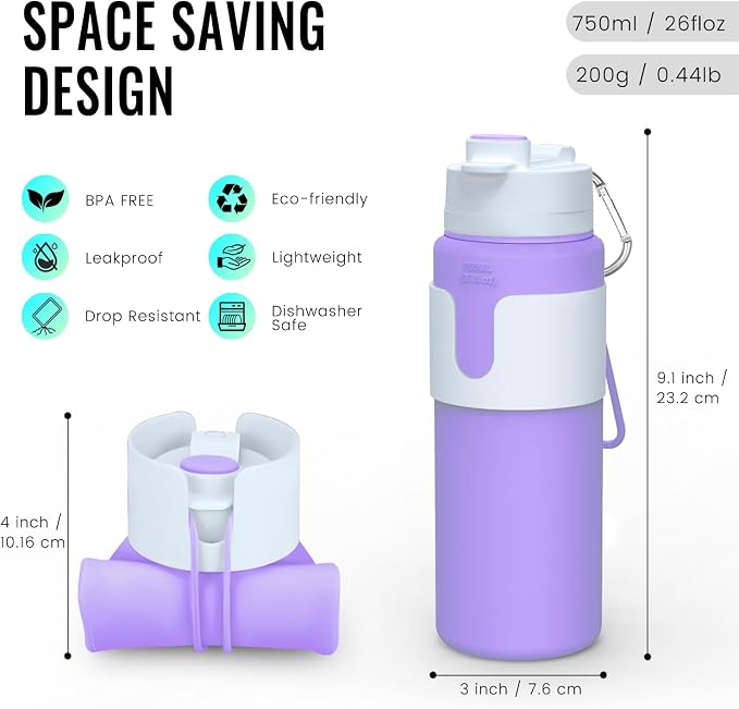 Nefeeko Collapsible Water Bottle, BPA Free 26oz Foldable Water Bottle - Image 2