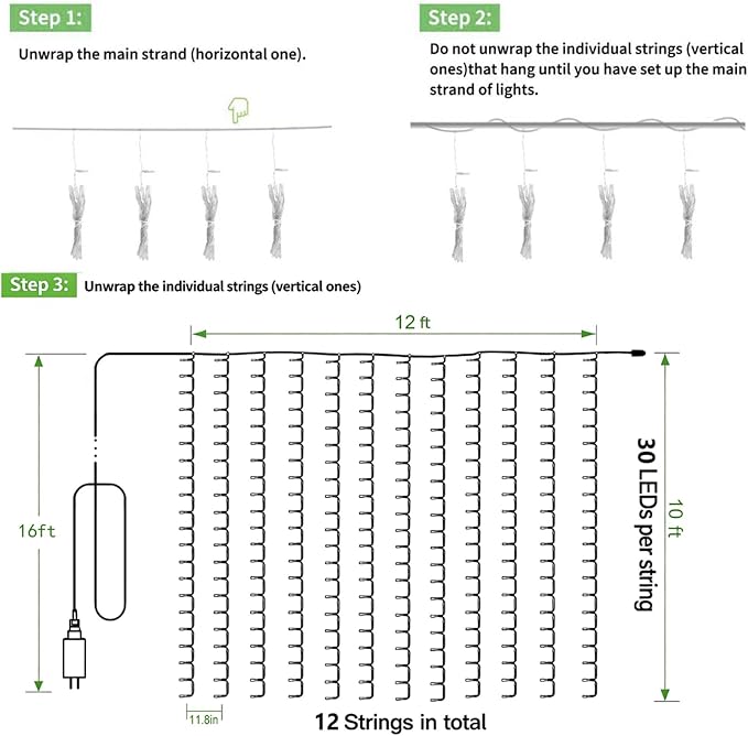 Solhice LED Curtain Lights Outdoor 12ft x10ft, 360 LED Plug in Hanging String - Image 6