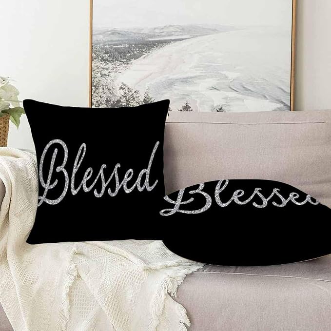 Bling Blessed White Throw Pillow Covers 18x18 Highlights Blessed Black Set of 2 - Image 5