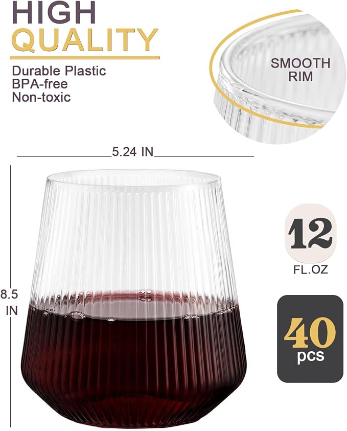 Maaacute 40 Pack Ribbed Plastic Wine Glasses, Ripple Disposable Stemless Wine - Image 5