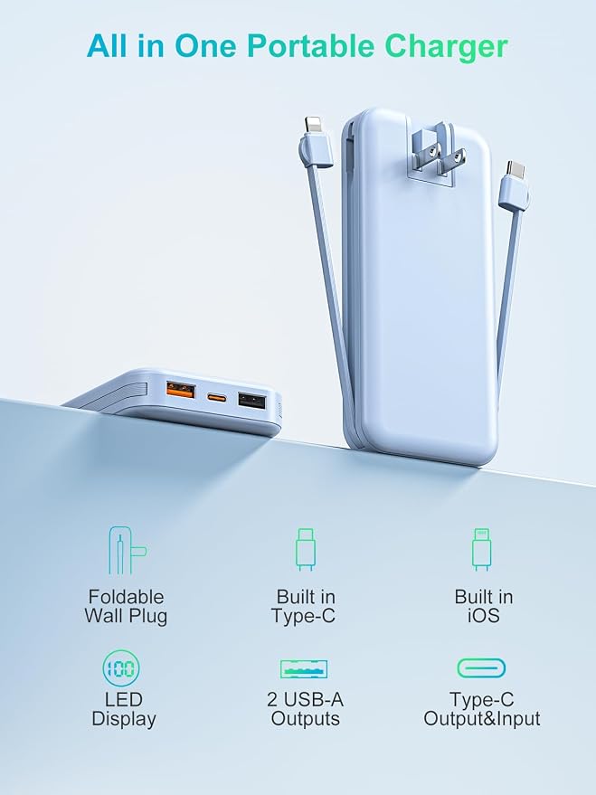 Portable Charger with Built-in Cables and Wall Plug, 10000mAh PD20W USB C Power - Image 9