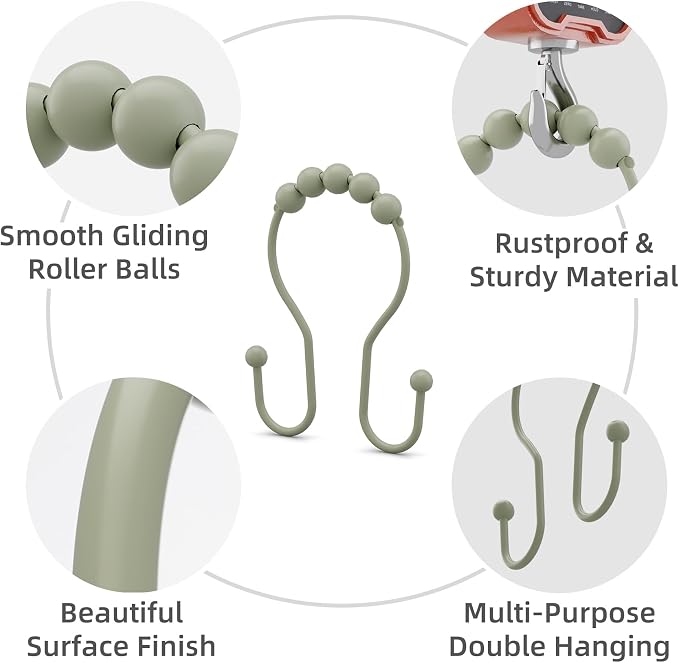 Bathway Sage Green Shower Curtain Hooks Shower Curtain Rings Rust Proof Sturdy - Image 3