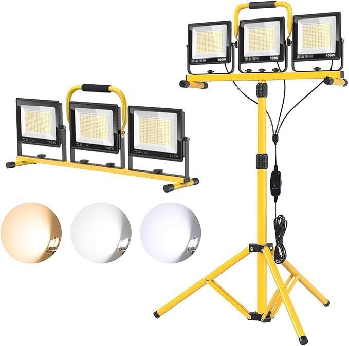 32000LM LED Work Light with Tripod, 3x100W 3-Head Floodlight, Plug-in 120V by Unknown