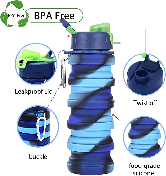 Silicone Collapsible Water Bottles, 16oz 500ml Portable Foldable Expandable - Image 3