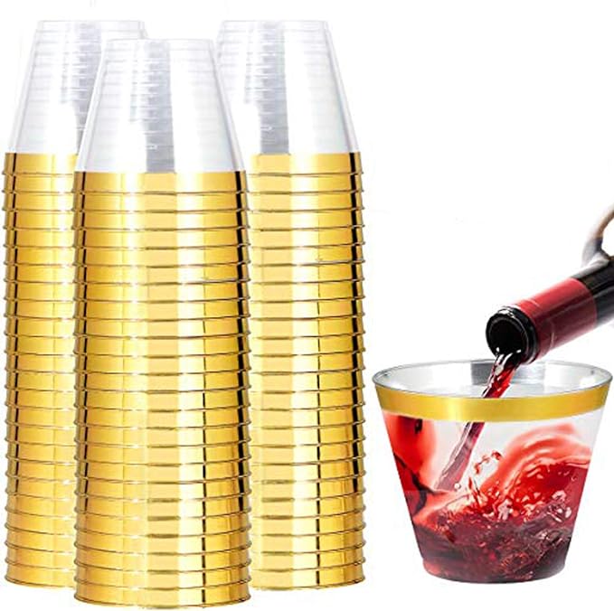I00000 200 Pack Gold Plastic Cups, 9 Oz Elegant Clear Plastic Cups Gold Rimmed by I00000