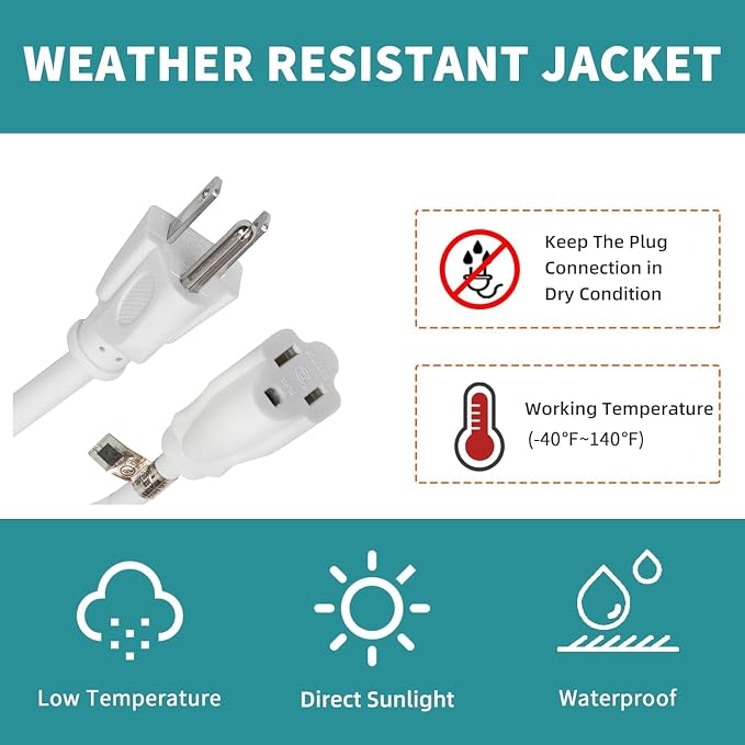 Indoor Outdoor Extension Cord Weatherproof, UL Certified, 16 Gauge 12FT White 3 - Image 7