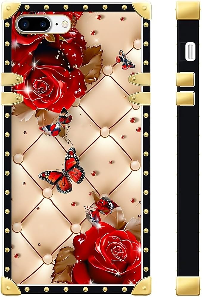 Compatible with iPhone 8 7 SE Case, Shining Red Rose Butterfly Leather - Image 2