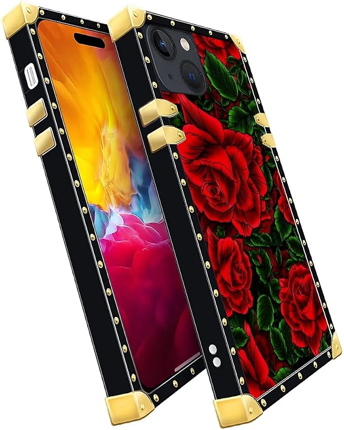 Compatible with iPhone 15 Case, Vector Red Rose Green Leaf Luxury Golden - Image 3