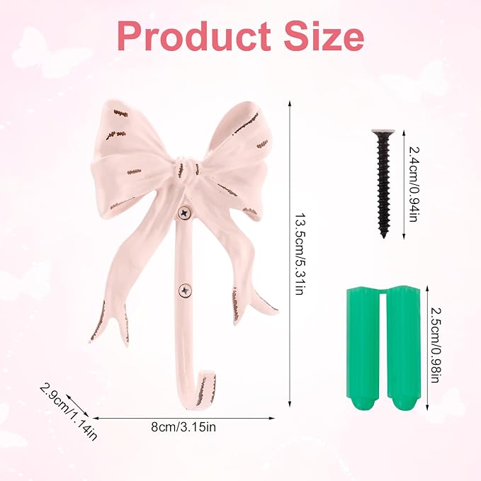Pink Bow Hook Room Decor, Cute Coquette Bow Knot Wall Hooks Sweet Multi-Purpose - Image 2