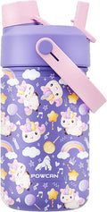 12 oz Insulated Water Bottle for Kids: 2-in-1 Straw Spout Lid, Spill-proof by POWCAN