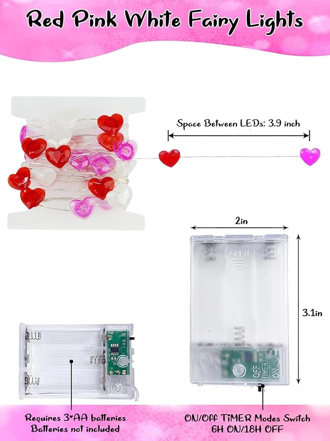 Red Pink White Heart Fairy Lights Battery Operated - Image 8