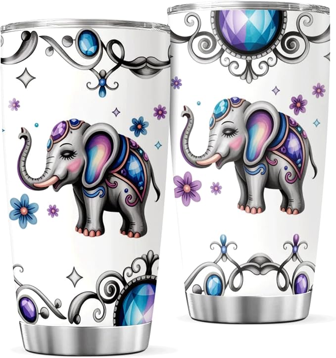 Cute Colorful Elephant With Floral Jewel Design Stainless Steel Tumbler by CUBICER