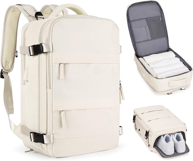 Beige Large Travel Backpack For Women Men Airline Approved Personal Item by coofay