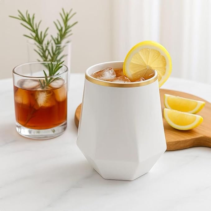 Oojami 40 Pack Diamond Stemless Plastic Wine Glasses Gold Rim, 12 Oz Disposable - Image 2