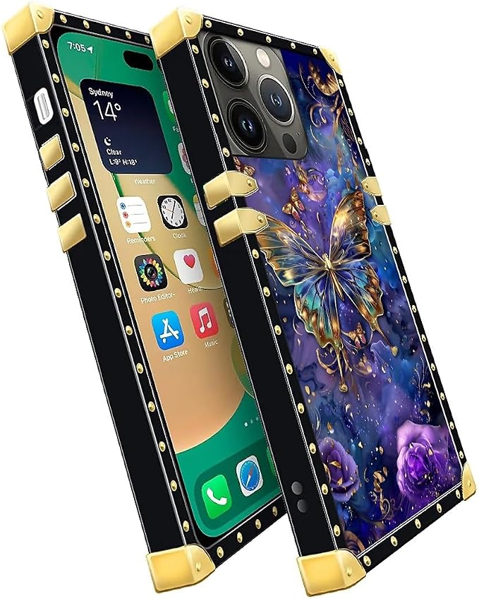 Compatible with iPhone 14 Pro Case, Glistening Golden Butterfly Vibrant Purple - Image 3