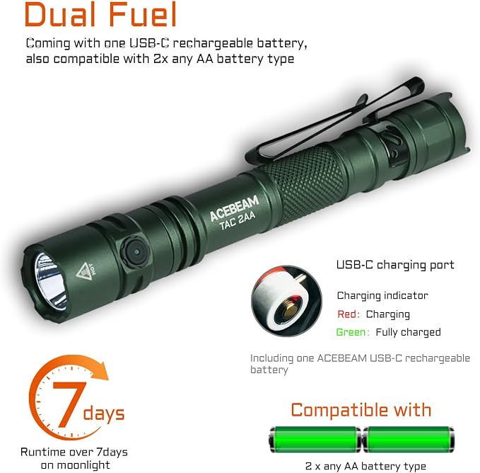 ACEBEAM TAC 2AA EDC Tactical Dual Modes Flashlight Rechargeable, 1600 High - Image 5