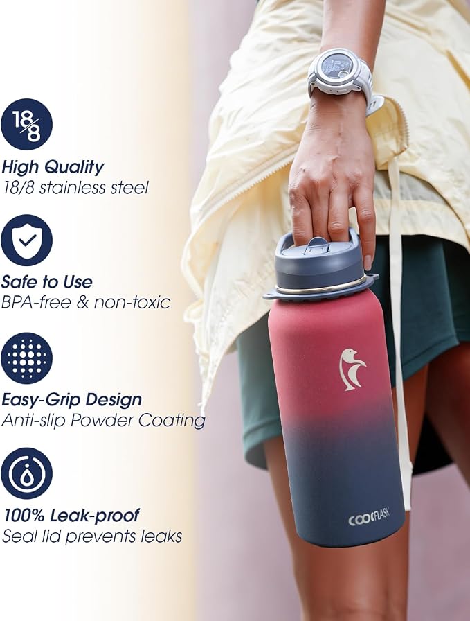Coolflask Water Bottle with Straw, 32 oz Insulated Metal Water Flask with Straw - Image 5