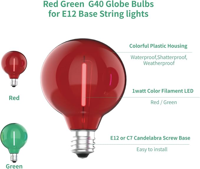 Meconard G40 Colored LED String Light Bulbs, Shatterproof LED 1 Watt Globe - Image 3