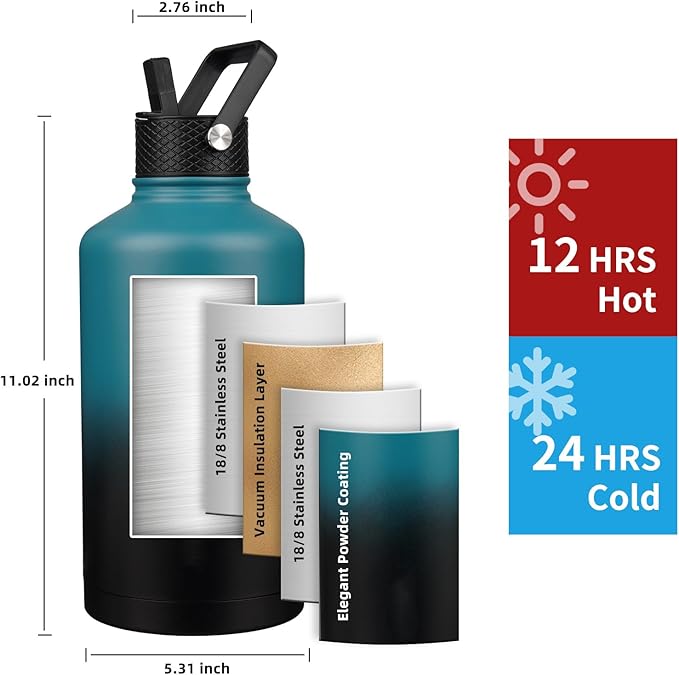 Insulated Water Bottle 87oz, Triple Wall Vacuum Stainless Steel, Leak Proof & - Image 2