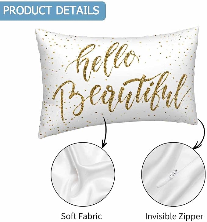 Hello Beautiful Bling Pillow Covers 12 X 20 Gold Glitter Motivational Quote Set - Image 3