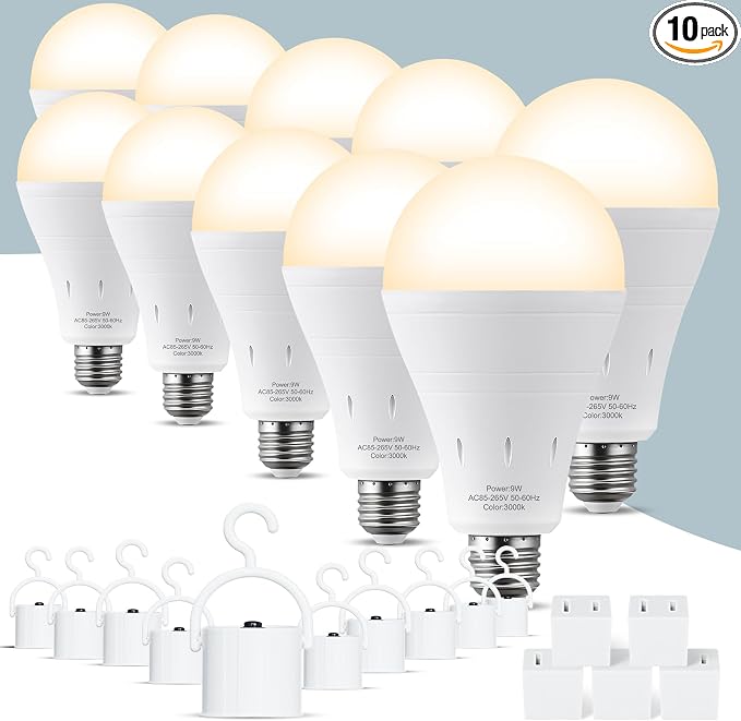 10Pack Rechargeable Emergency Light Bulb, A19 9W Warm White 3000K Self-Charging by ALUOCYI