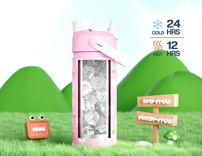 18 oz kids water bottle with straw and handle: Leak Resistant, Keep Cold 24H - Image 5