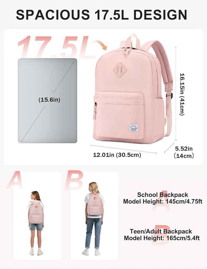 VASCHY Lightweight Backpack for School, Water Resistant Classic Bookbag - Image 2