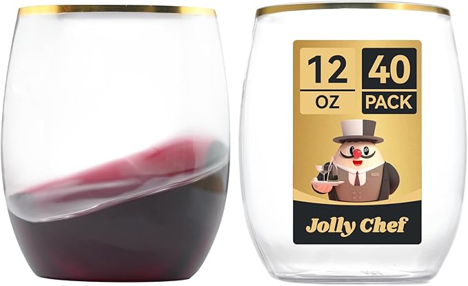 JOLLY CHEF 12 oz 40 Pack Gold Plastic Wine Glasses Stemless, Shatterproof by JOLLYCHEF