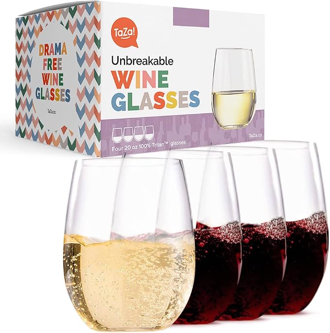 TaZa Outdoor Wine Glasses Stemless, 20oz Set of 4, Unbreakable Tritan Plastic by TaZa