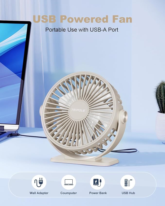 TriPole USB Desk Fan Small Portable Personal Fan, 3 Speeds Adjustable Strong - Image 2