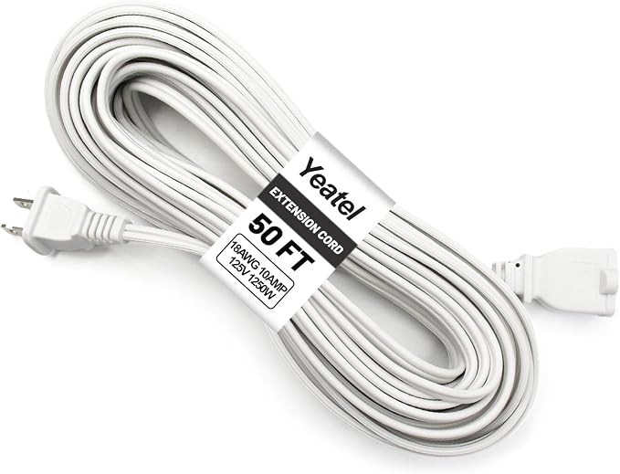 50 ft Extension Cord, 2 Prong Indoor Power Cord, 18AWG SPT-2 Flat Cord Design by Yeatel