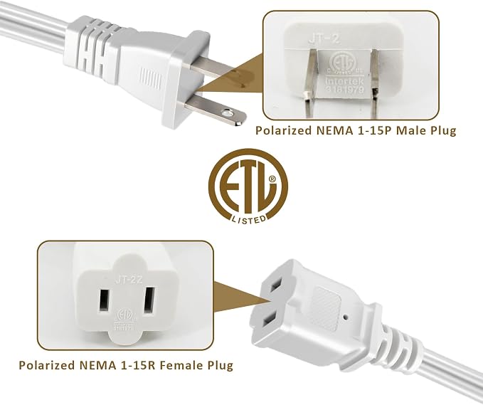 25 FT 2 Prong Extension Cord, 18AWG SPT-2 Indoor Male to Female Power Cord ETL - Image 7