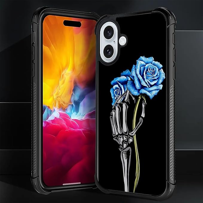 for iPhone 16 Case, Skeleton Holding Blue Rose Pattern Graphic Design Girl Boy - Image 7