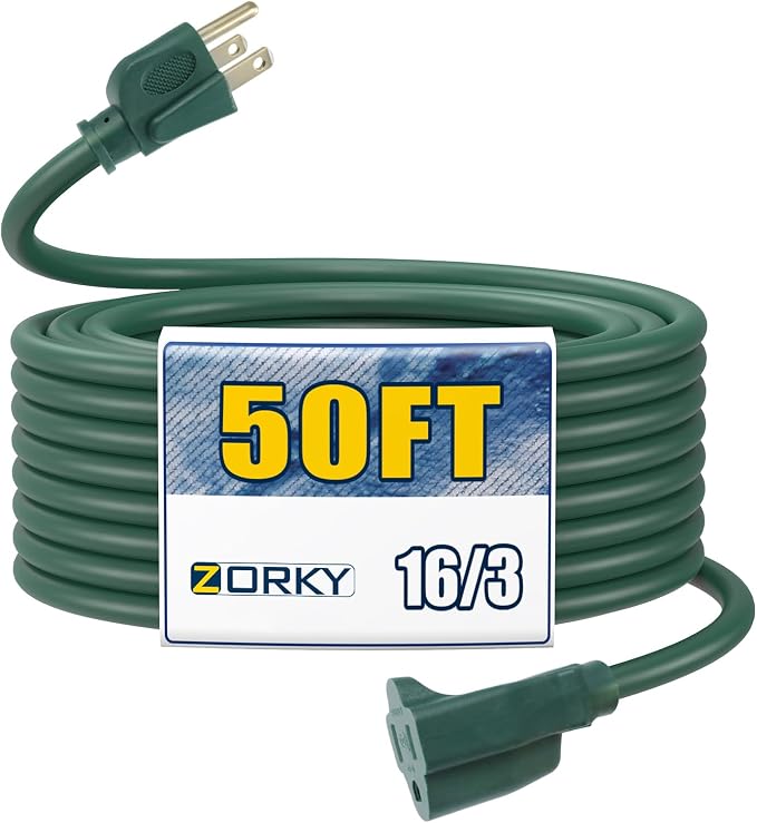 50ft Outdoor Extension Cord for Christmas Decorations- 16/3 Heavy Duty SJTW by Zorky