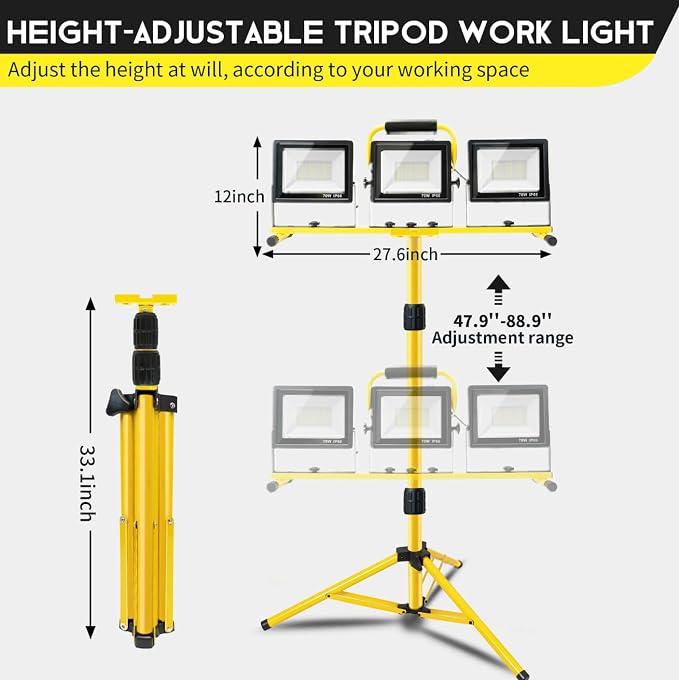 21000 LM LED Work Light with Stand, 3-Head Adjustable Portable Tripod Light - Image 9
