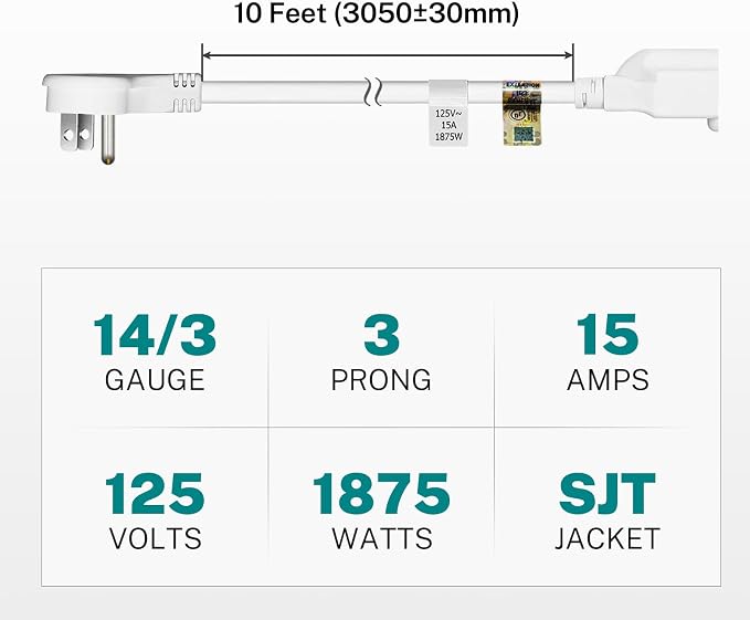 FIRMERST 1875W Flat Plug Extension Cord 10 Feet 14 AWG 15A White - Image 6