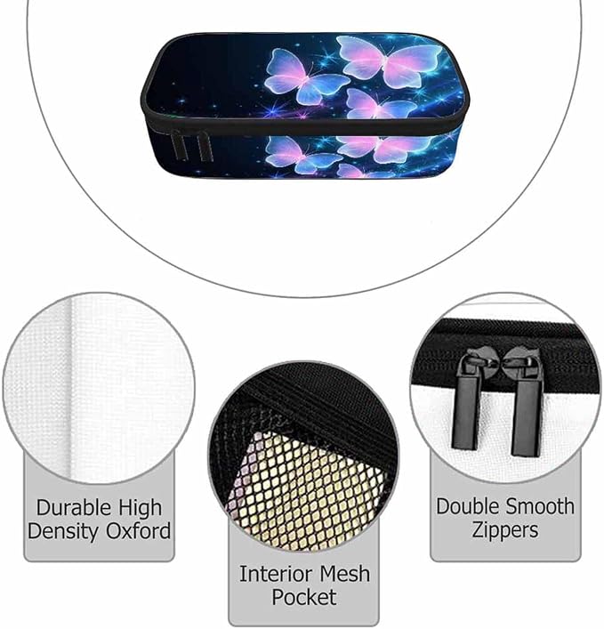 Glowing Butterflies Pencil Bag Sparkle Stars Bright Dark Blue Big Capacity - Image 3