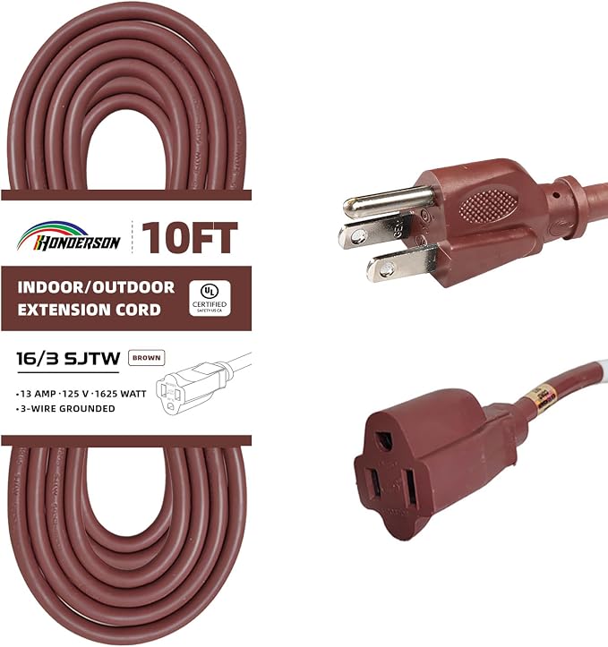 10FT Brown Outdoor Extension Cord-16/3 SJTW Durable Extension Cord by HONDERSON