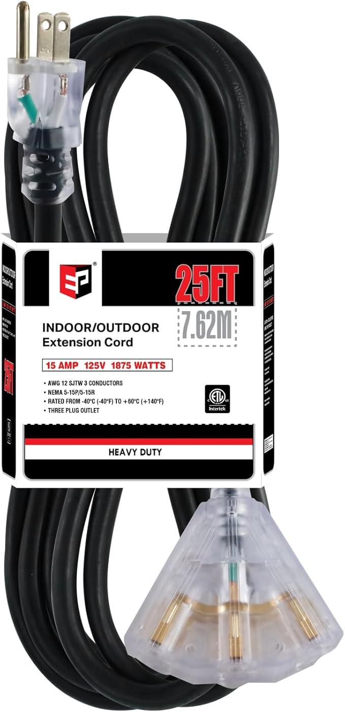 EP 25 Ft 12 Gauge Heavy Duty Extension Cord, 15A 125V 1875W, 3 Outlet by ENERGYPRO