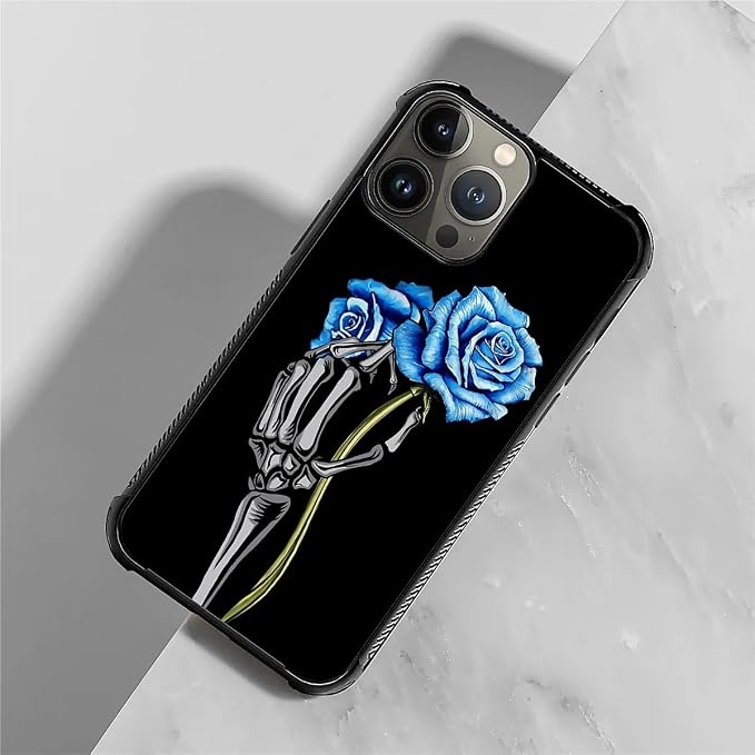 for iPhone 15 Pro Case, Skeleton Holding Blue Rose Pattern Graphic Design Girl - Image 2
